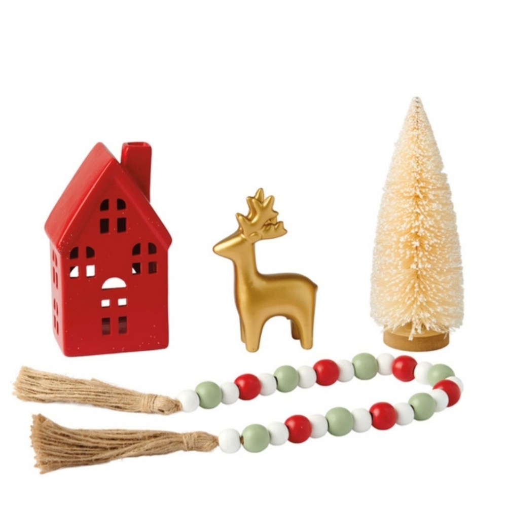 Holiday Home Decor Set with Red House and Gold Reindeer
